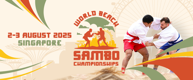 Cartaz do World Beach Sambo Championships 2025, em Singapura, com dois atletas lutando na areia