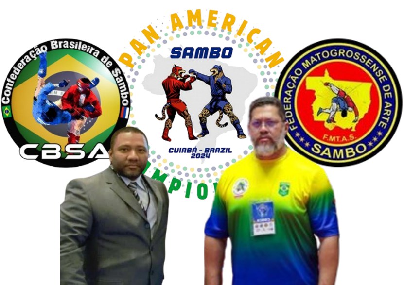 Dois dirigentes diante dos logos da CBSA, do Pan-Americano de SAMBO Cuiabá 2024 e da Federação Matogrossense de SAMBO