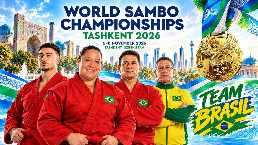 Arte Team Brasil do Mundial de Sambo Tashkent 2026 com três atletas brasileiros e o diretor técnico