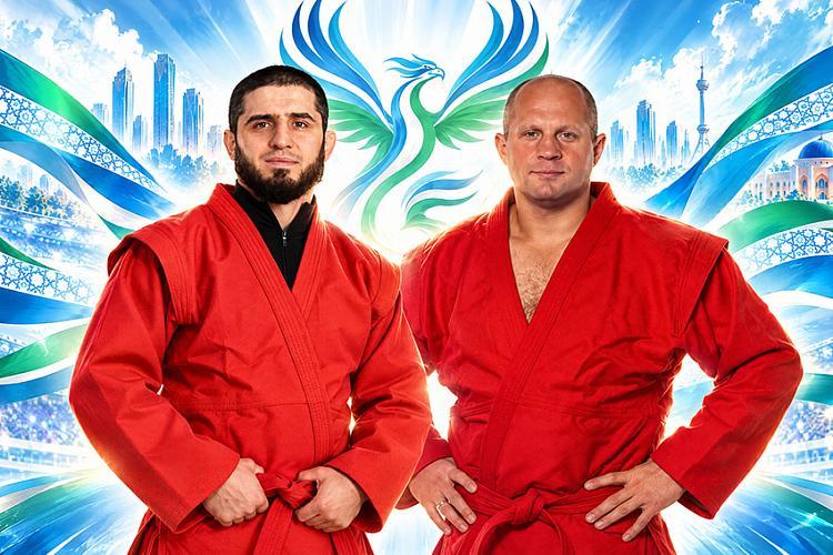 Arte com Islam Makhachev e Fedor Emelianenko, embaixadores mundiais do Sambo, de quimono vermelho, com uma fênix estilizada e os prédios de Tashkent ao fundo.