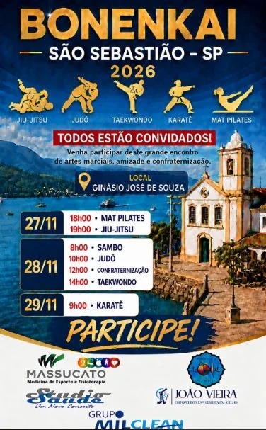Cartaz do Bonenkai São Sebastião 2026 com as modalidades Jiu-Jitsu, Judô, Taekwondo, Karatê e Mat Pilates